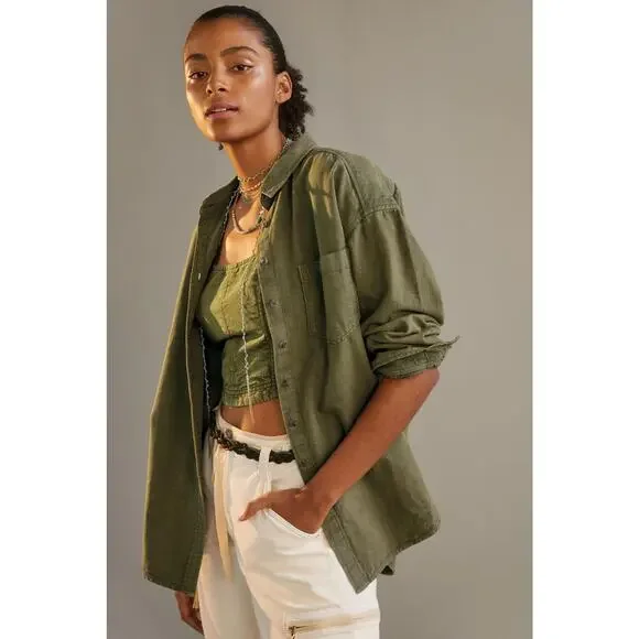 Anthropologie Pilcro Oxford Tunic Buttondown Shirt Olive Green Oversized XXS - Picture 7 of 7